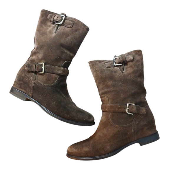 PRADA Brown Suede Moto Boots Mid Calf Buckled Women's Boots size 10 - Picture 1 of 15